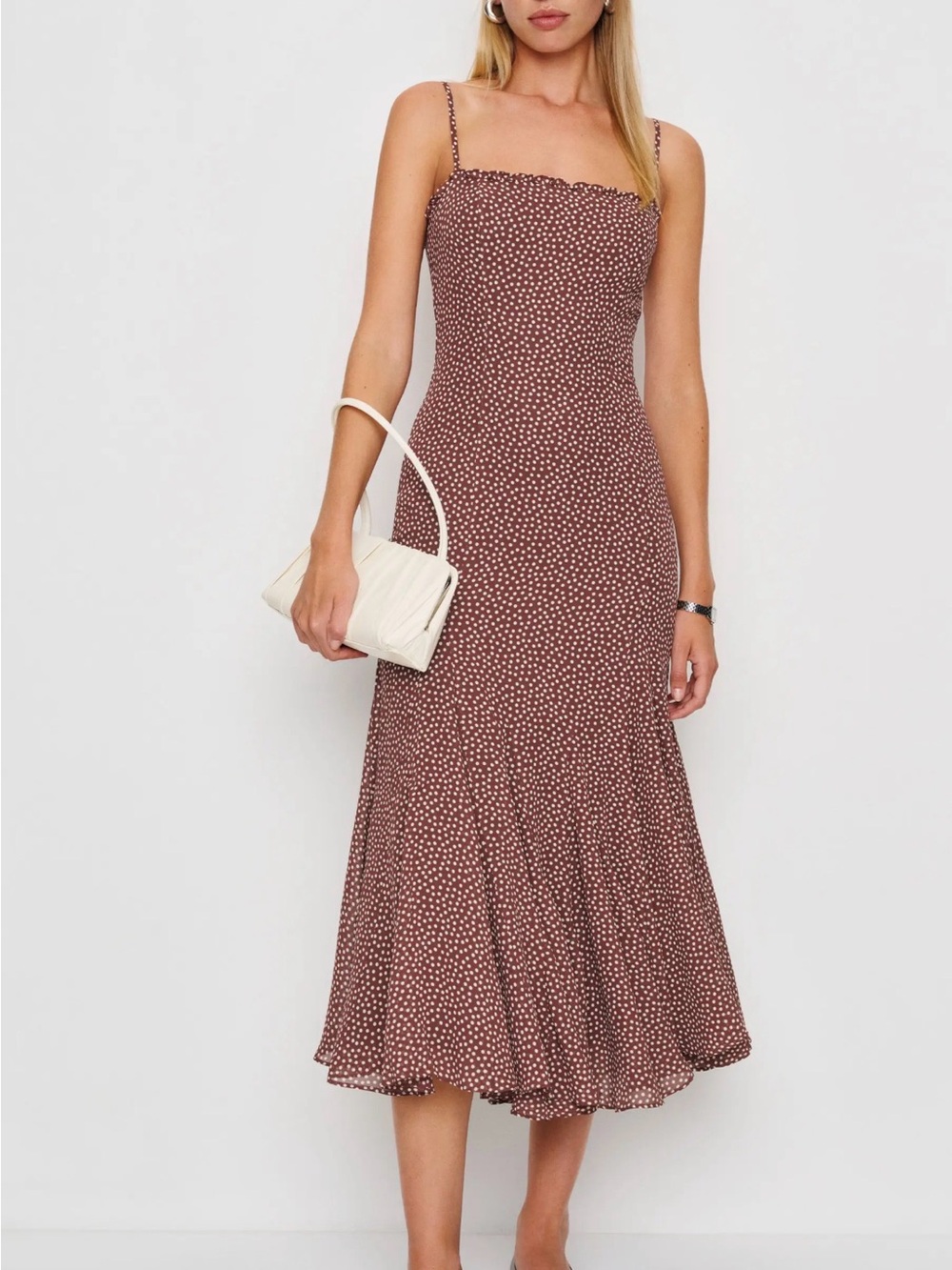 Reformation Lilibet Dress in Choco Dot Spaghetti Strap Midi Dress size 6